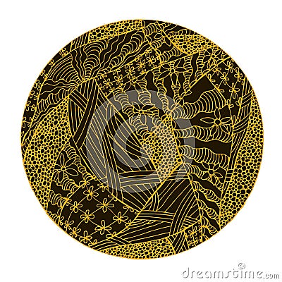 Hand drawn vector black and yellow mandala sketch, doodle style design element, ethn Vector Illustration